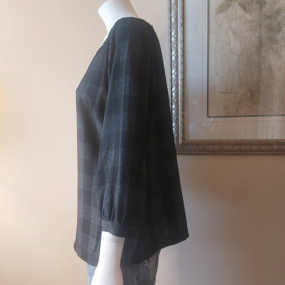 Karl Lagerfeld Paris Black & Grey Plaid top with Pearl Detailing - Picture 3 of 16